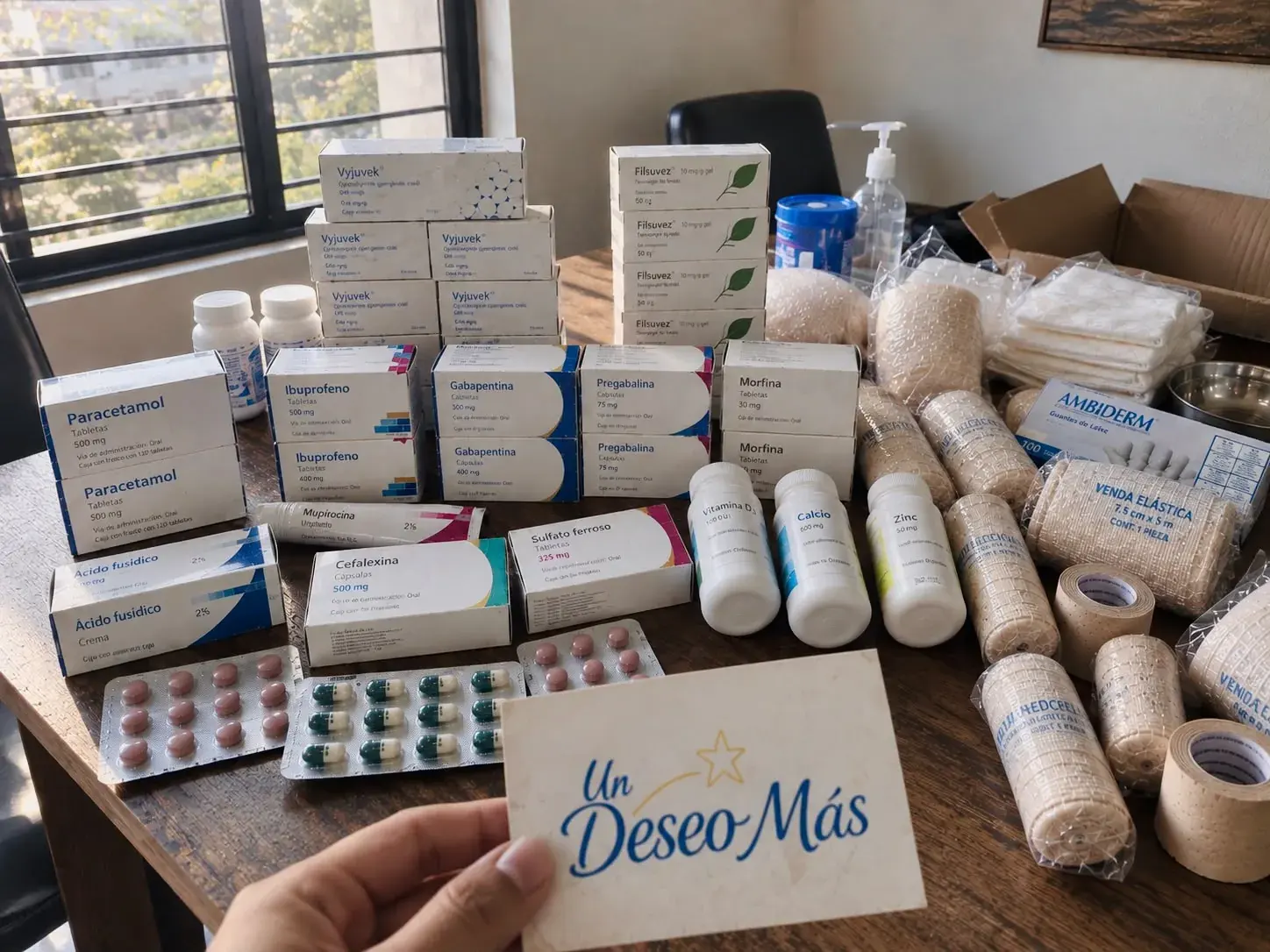 Medicamentos, vendas y materiales de curación que ayudan a cubrir los costos mensuales de Lily.